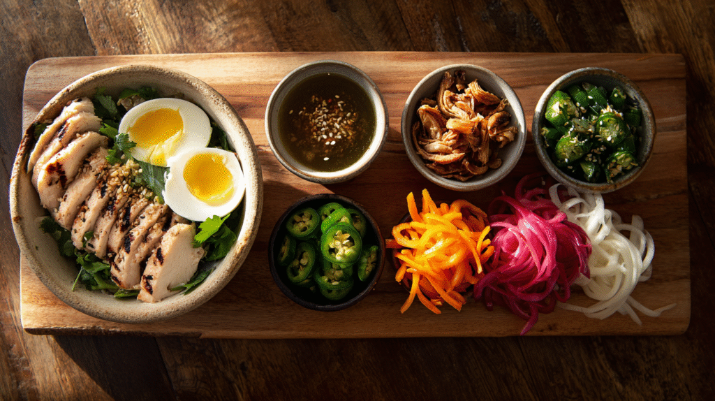 Deconstructed chicken bowl with grilled chicken, soft-boiled eggs, and assorted toppings including pickled vegetables, jalapeños, fried shallots, and dipping sauce.