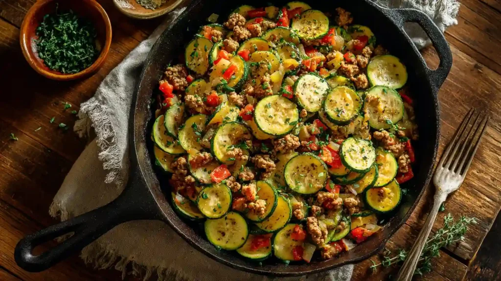 Skillet filled with sautéed ground turkey, sliced zucchini, red bell peppers, and herbs on a rustic wooden table.
