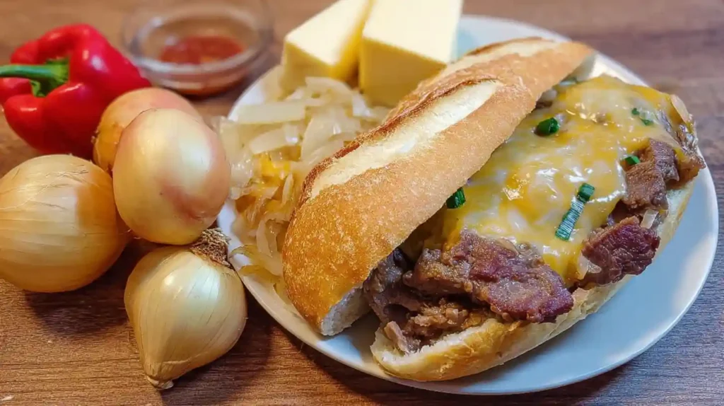 Simple Philly cheesesteak sandwich with melted cheese and steak on a hoagie roll, surrounded by onions, cheese blocks, and red pepper.