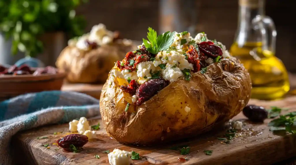 Mediterranean stuffed baked potato topped with crumbled feta cheese, sun-dried tomatoes, kalamata olives, and fresh parsley.