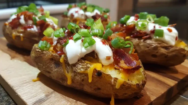 Loaded baked potatoes topped with crispy bacon, sour cream, melted cheddar cheese, and chopped green onions on a wooden board.