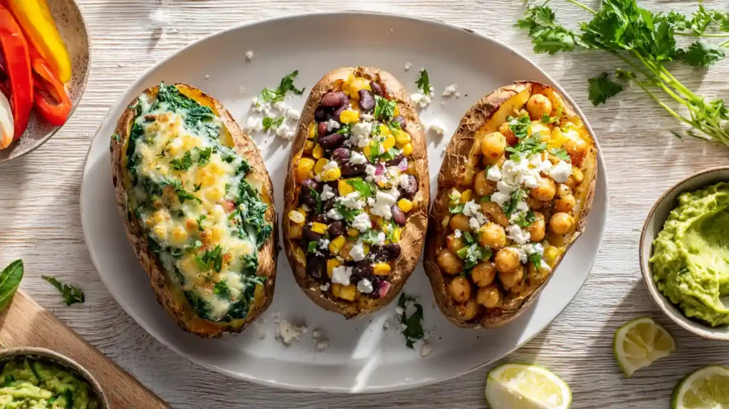 Three vegetarian stuffed baked potatoes filled with spinach and cheese, black beans with corn and feta, and spiced chickpeas with herbs on a white plate.