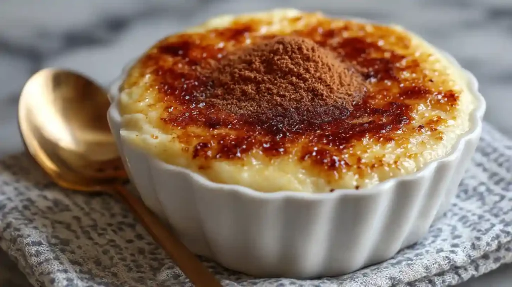 Caramelized rice pudding served in a white ramekin, topped with a dusting of cocoa powder and accompanied by a golden spoon.