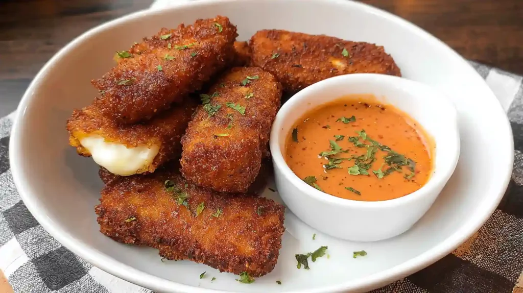 Crispy Nashville Hot Mozzarella Sticks served in a white bowl with spicy dipping sauce and garnished with chopped herbs.