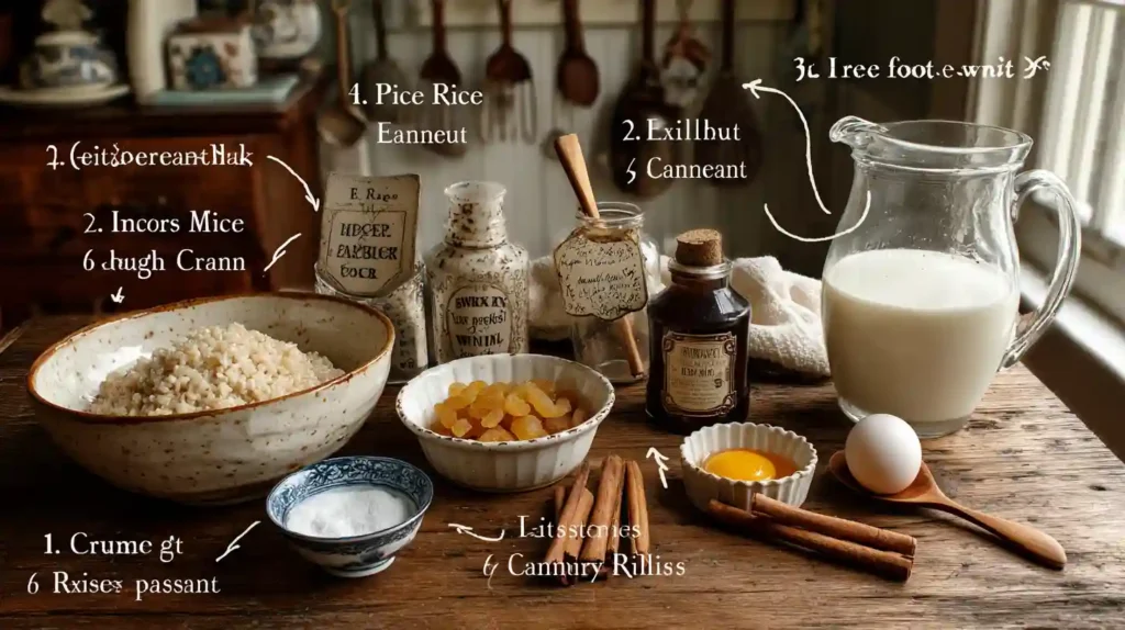Rustic kitchen setup showing ingredients for rice pudding, including rice, milk, egg, raisins, cinnamon sticks, vanilla, and sugar on a wooden table.