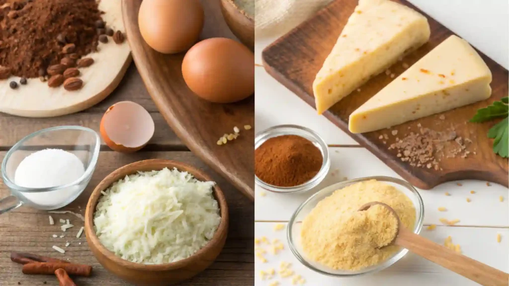 Assorted ingredients for Nashville hot mozzarella sticks, including eggs, shredded cheese, spices, and cheese wedges on wooden boards.