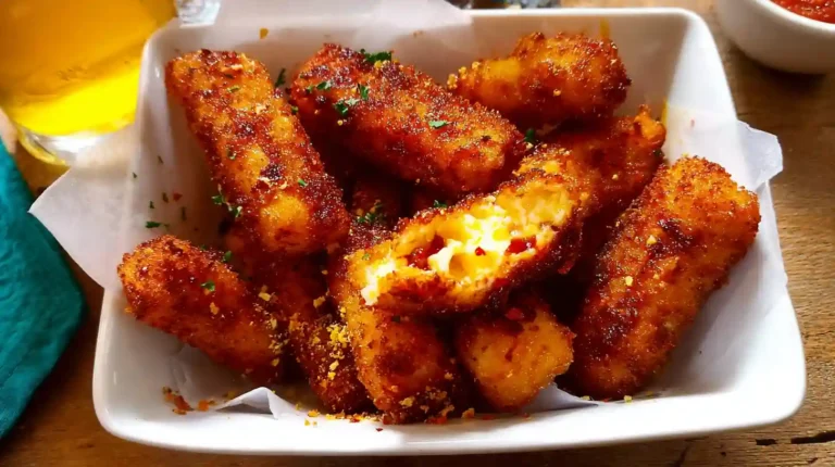Crispy Nashville hot mozzarella sticks in a white bowl, garnished with herbs and spices, with melted cheese visible inside.