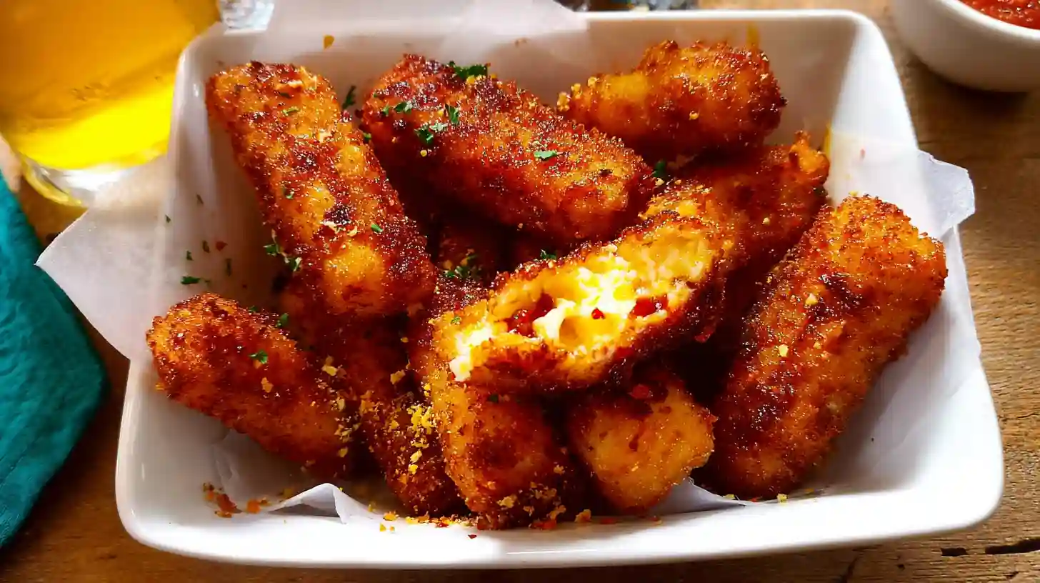 Crispy Nashville hot mozzarella sticks in a white bowl, garnished with herbs and spices, with melted cheese visible inside.