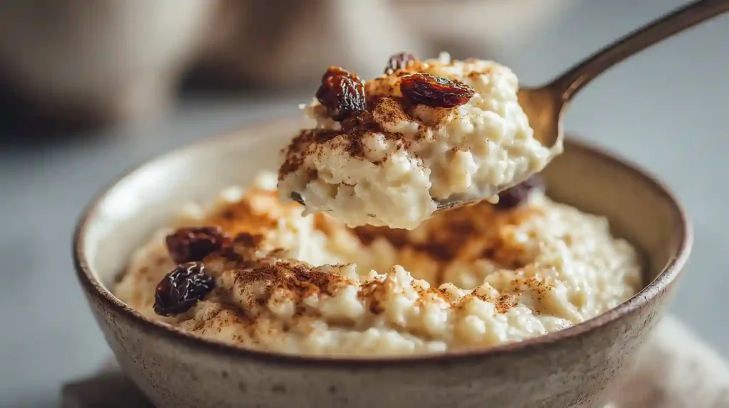 Close-up of creamy rice pudding on a spoon, topped with raisins and cinnamon, served in a rustic ceramic bowl.