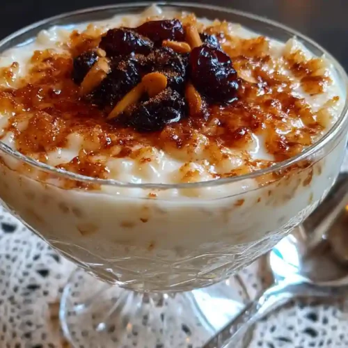 Creamy rice pudding topped with golden raisins and caramelized cinnamon, served in a vintage glass dessert dish.