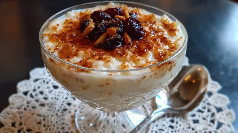 Creamy rice pudding topped with golden raisins and caramelized cinnamon, served in a vintage glass dessert dish.