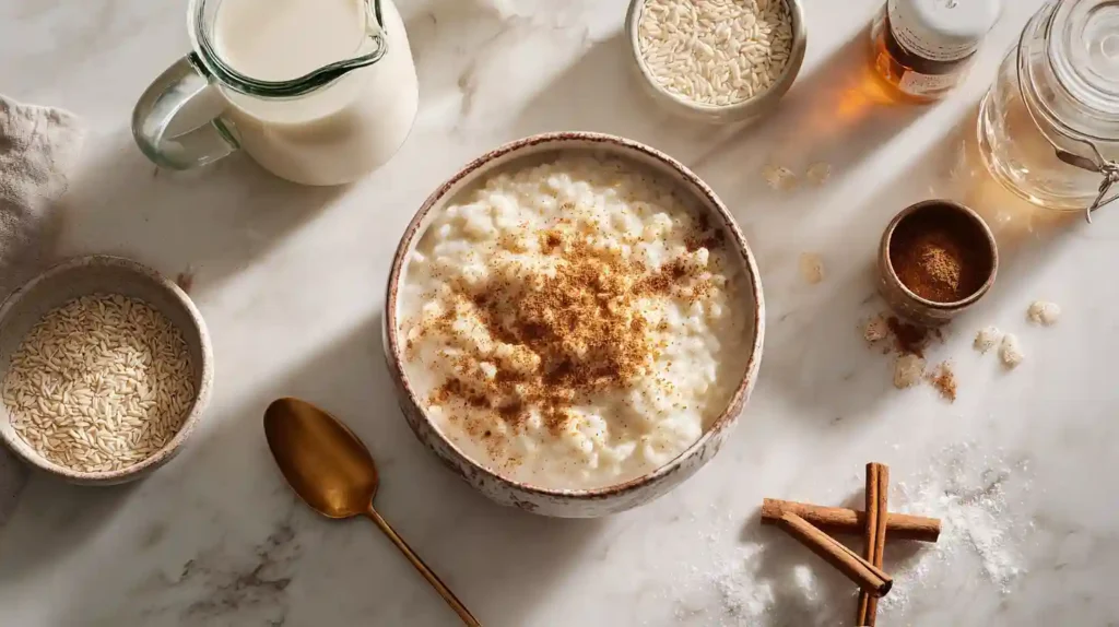 Bowl of creamy rice pudding topped with cinnamon, surrounded by raw rice, milk, cinnamon sticks, and spices on a marble kitchen surface.