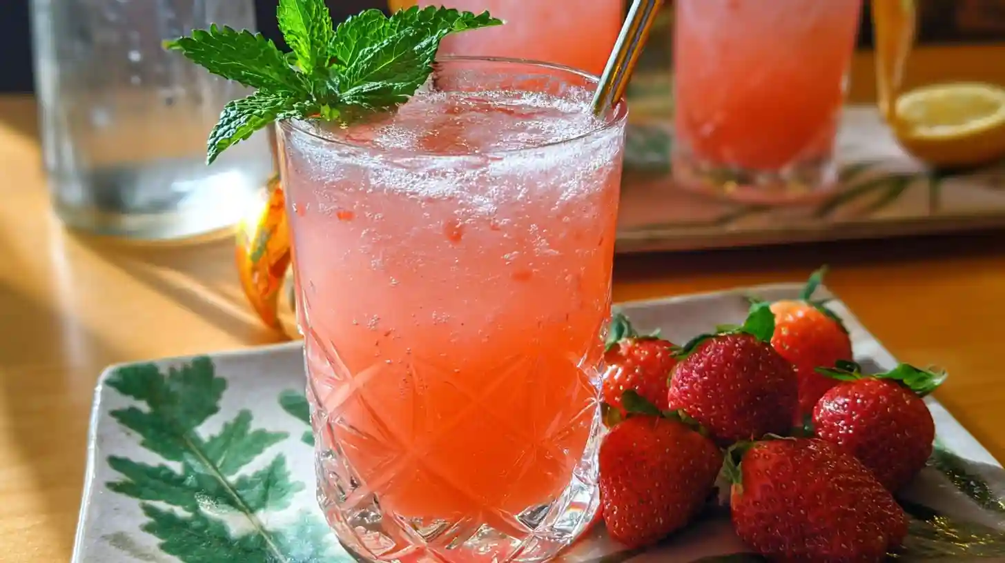 Refreshing strawberry agua fresca in a crystal glass, garnished with fresh mint, served with whole strawberries on a ceramic plate.