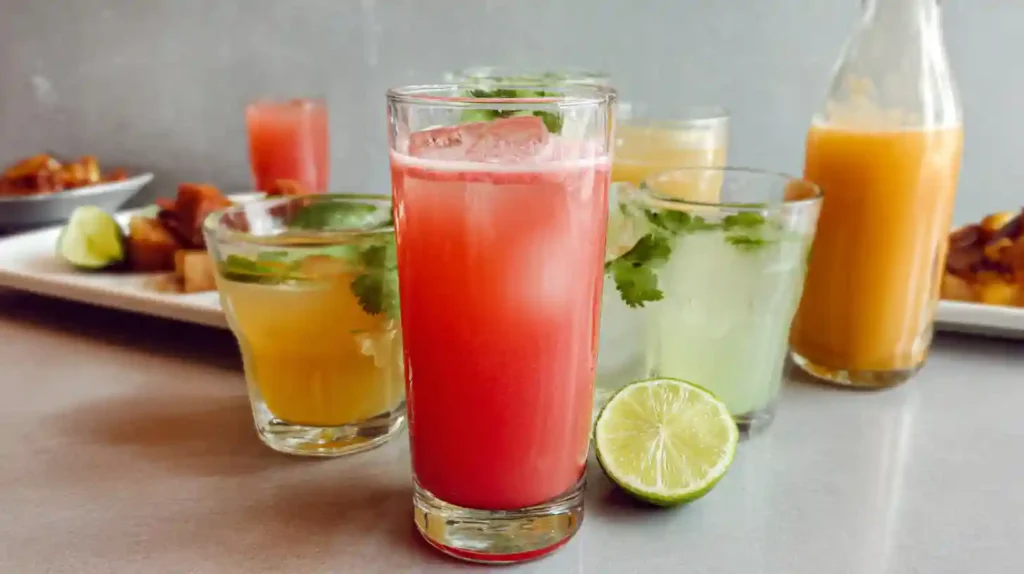 Colorful glasses of homemade agua fresca in various fruit flavors garnished with lime and herbs.