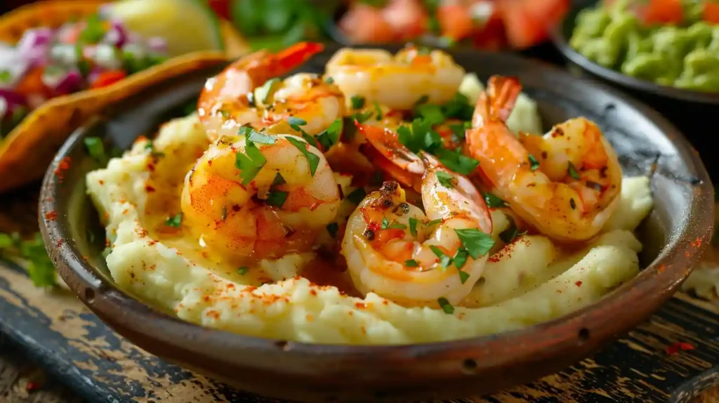 Garlic butter shrimp served on creamy mashed potatoes, garnished with fresh parsley and paprika in a rustic bowl.