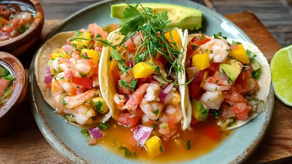 Close-up of classic ceviche shrimp tacos loaded with mango, avocado, red onion, cilantro, and lime juice on a rustic plate.