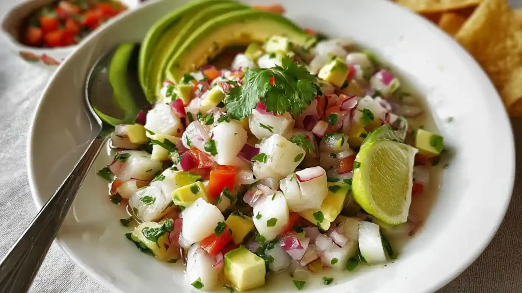 Fresh Mexican ceviche with white fish, avocado, red onion, cilantro, and lime served in a white bowl with tortilla chips.
