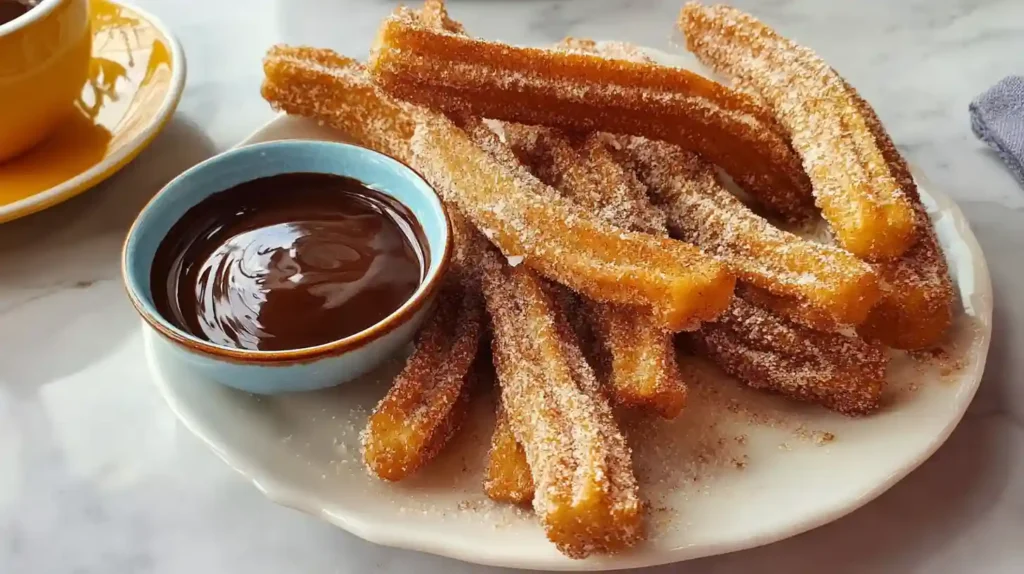 Plate of golden churros coated in cinnamon sugar, served with a bowl of rich chocolate dipping sauce.