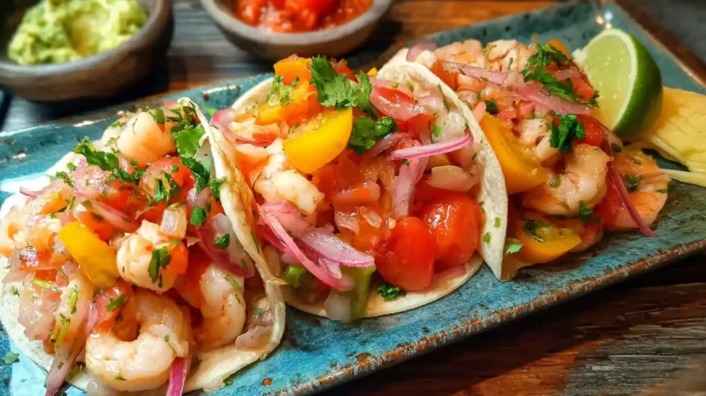 Classic ceviche shrimp tacos on a blue platter, loaded with cherry tomatoes, pickled red onion, cilantro, and a lime wedge.