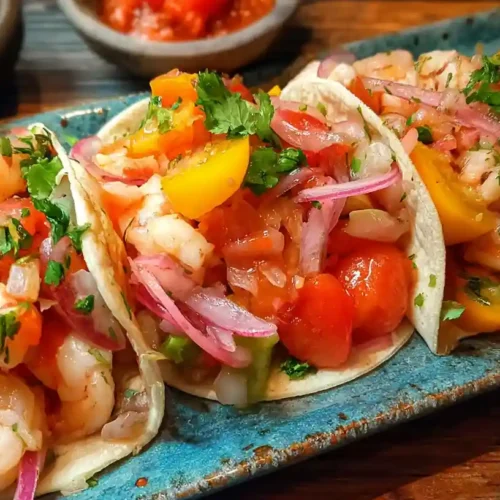 Classic ceviche shrimp tacos on a blue platter, loaded with cherry tomatoes, pickled red onion, cilantro, and a lime wedge.