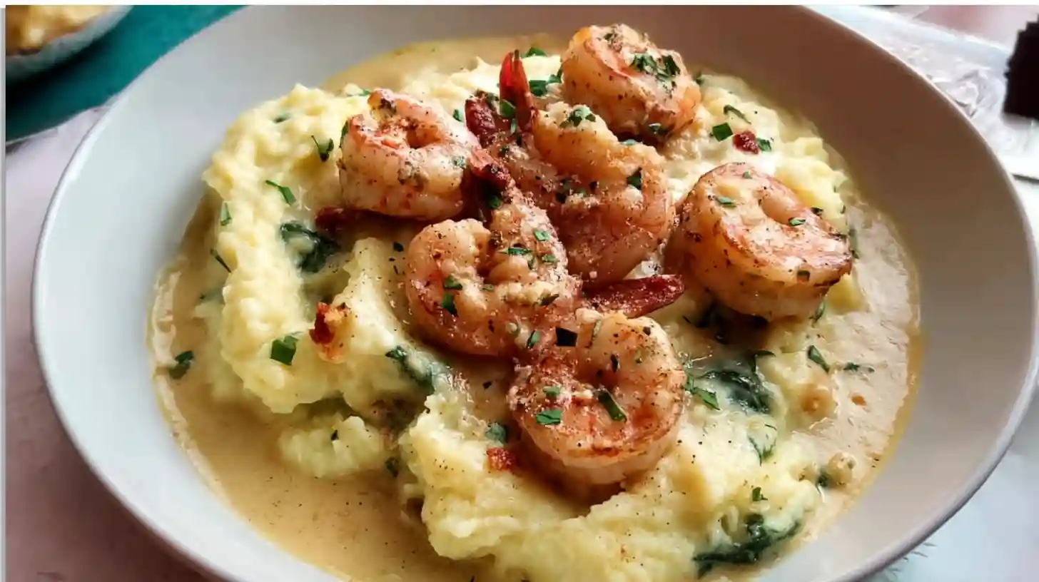 Garlic shrimp served over creamy mashed potatoes with herbs and sauce in a white bowl.