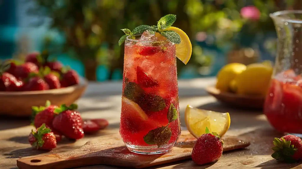 Refreshing strawberry mint agua fresca with lemon slices, served in a tall glass over ice on a sunny outdoor table.