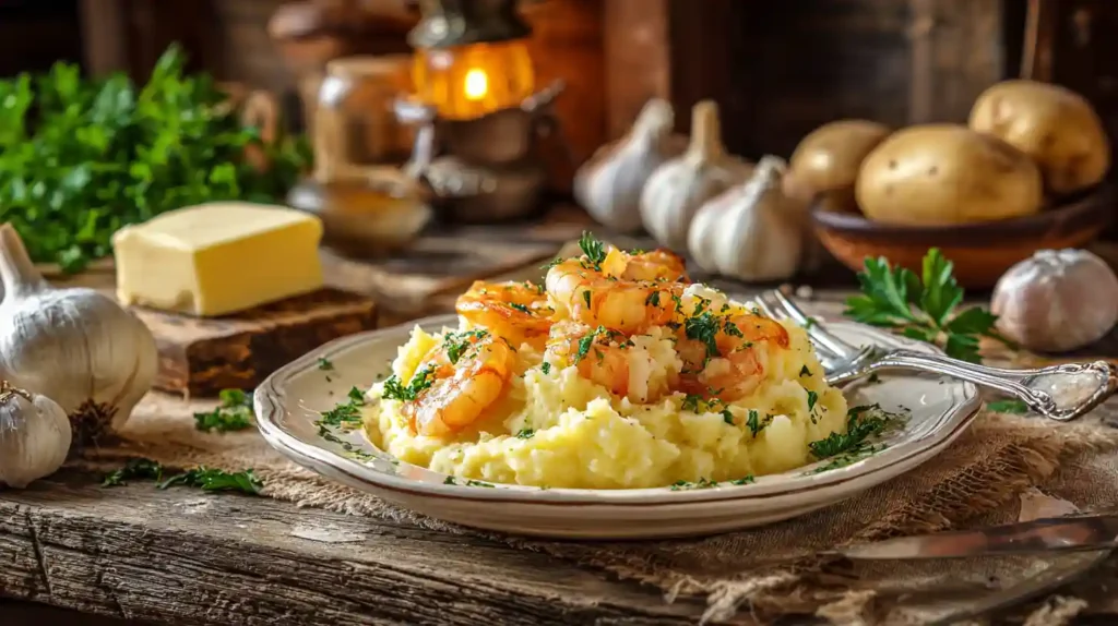 Garlic butter shrimp served on a bed of creamy mashed potatoes, garnished with parsley in a rustic farmhouse setting.