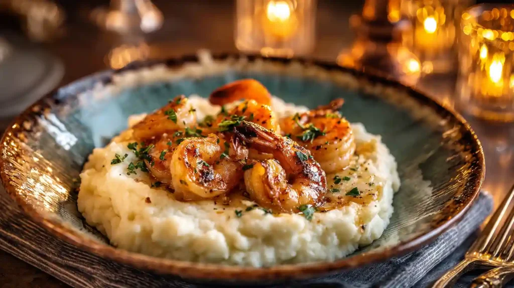 Creamy mashed potatoes topped with garlic butter shrimp and fresh parsley served in a rustic bowl.