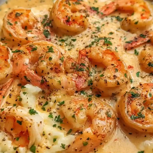 Garlic butter shrimp in a creamy sauce served over fluffy mashed potatoes and garnished with fresh herbs.