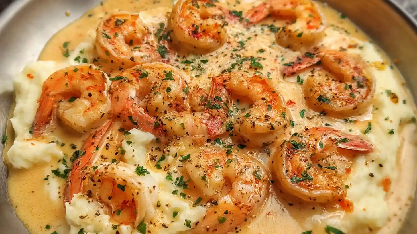 Garlic butter shrimp in a creamy sauce served over fluffy mashed potatoes and garnished with fresh herbs.