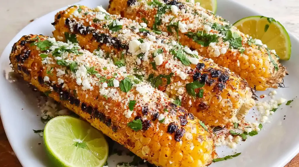 Grilled Mexican street corn (elote) topped with crumbled cheese, chili powder, and chopped cilantro, served with lime wedges on a white plate.