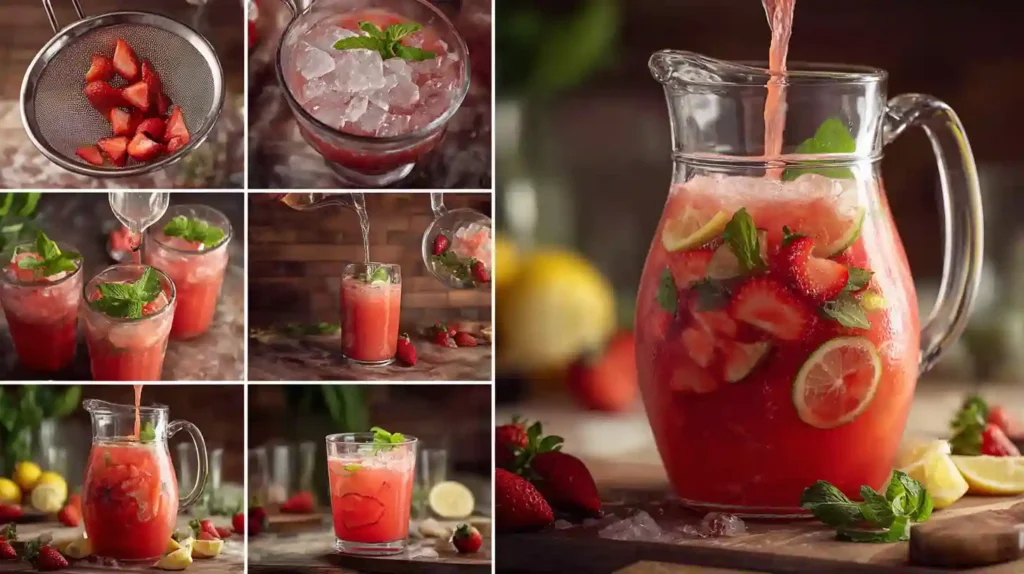 Step-by-step process of making strawberry agua fresca, featuring fresh strawberries, lime slices, mint, and ice served in glasses and a large pitcher.