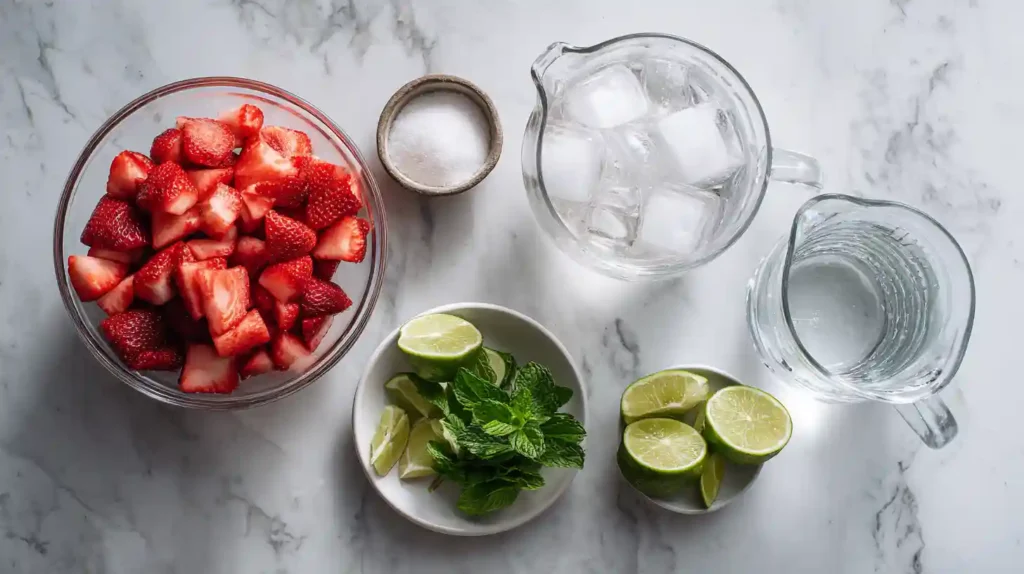 Fresh ingredients for strawberry lime agua fresca on a marble surface, including chopped strawberries, lime wedges, fresh mint, ice cubes, water, and sugar.