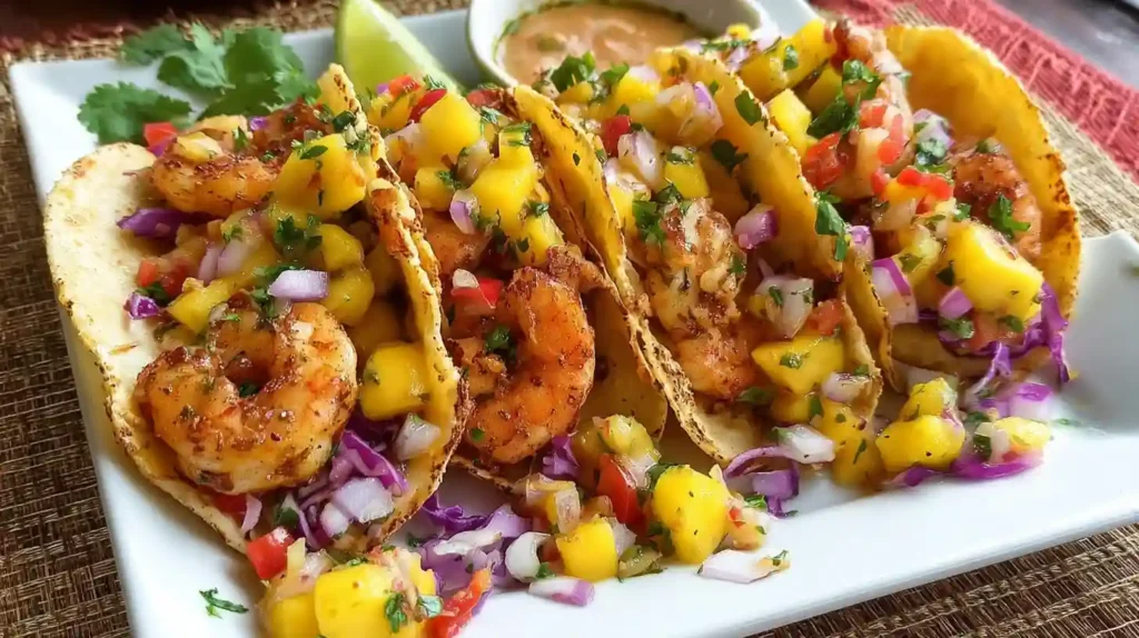 Grilled shrimp tacos topped with fresh mango salsa, red onion, cilantro, and cabbage served on corn tortillas.