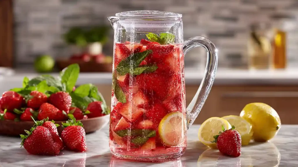Glass pitcher of strawberry agua fresca with fresh mint leaves and lemon slices on a marble countertop, surrounded by whole strawberries and lemons.