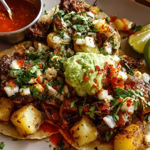 Mexican street tacos topped with guacamole, grilled pineapple, diced onions, and cilantro, served with lime and salsa.