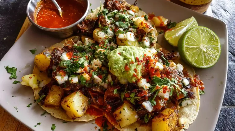 Mexican street tacos topped with guacamole, grilled pineapple, diced onions, and cilantro, served with lime and salsa.