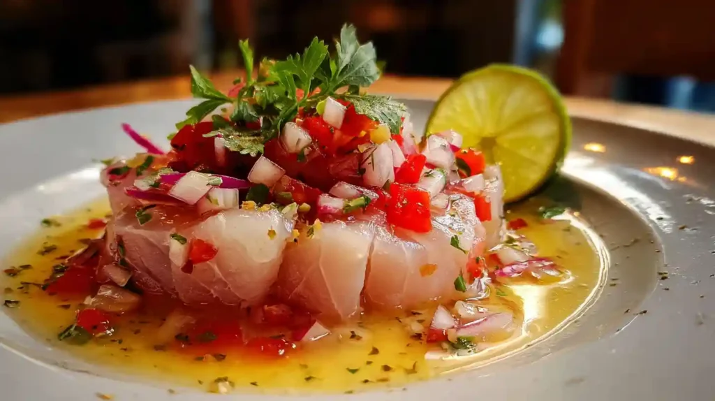 Close-up of classic ceviche made with cubed raw white fish, topped with tomato, red onion, herbs, and lime on a white plate.