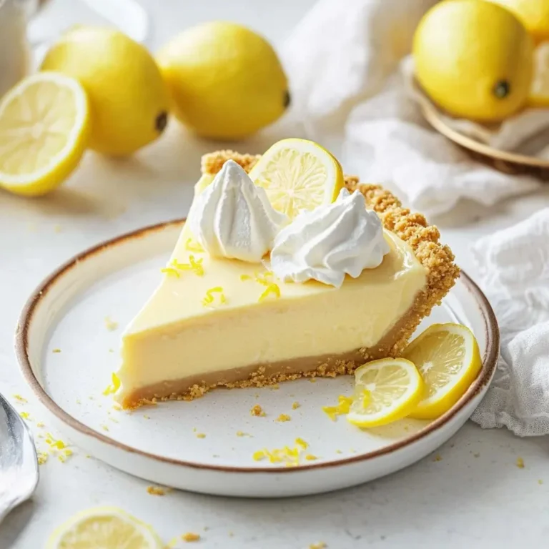 Slice of creamy lemon pie garnished with lemon slices and whipped cream