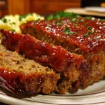 Deliciously cooked classic meatloaf served with mashed potatoes and gravy