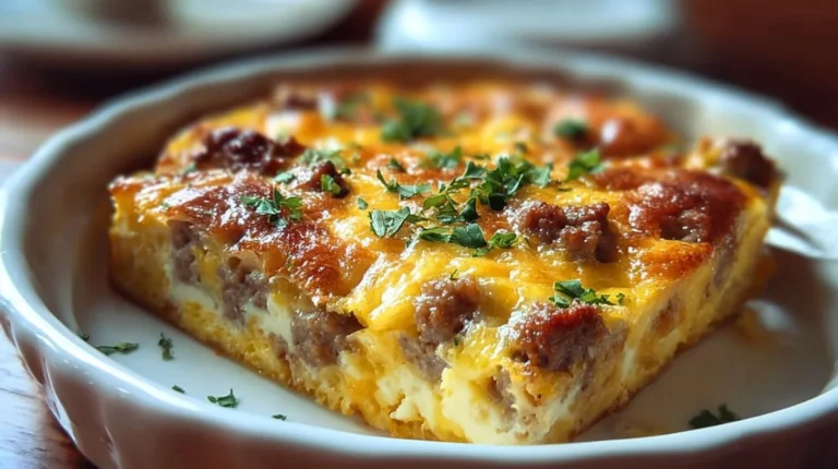 Delicious easy sausage egg casserole served on a plate
