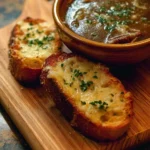 Bowl of French onion soup topped with Gruyère toast and short ribs