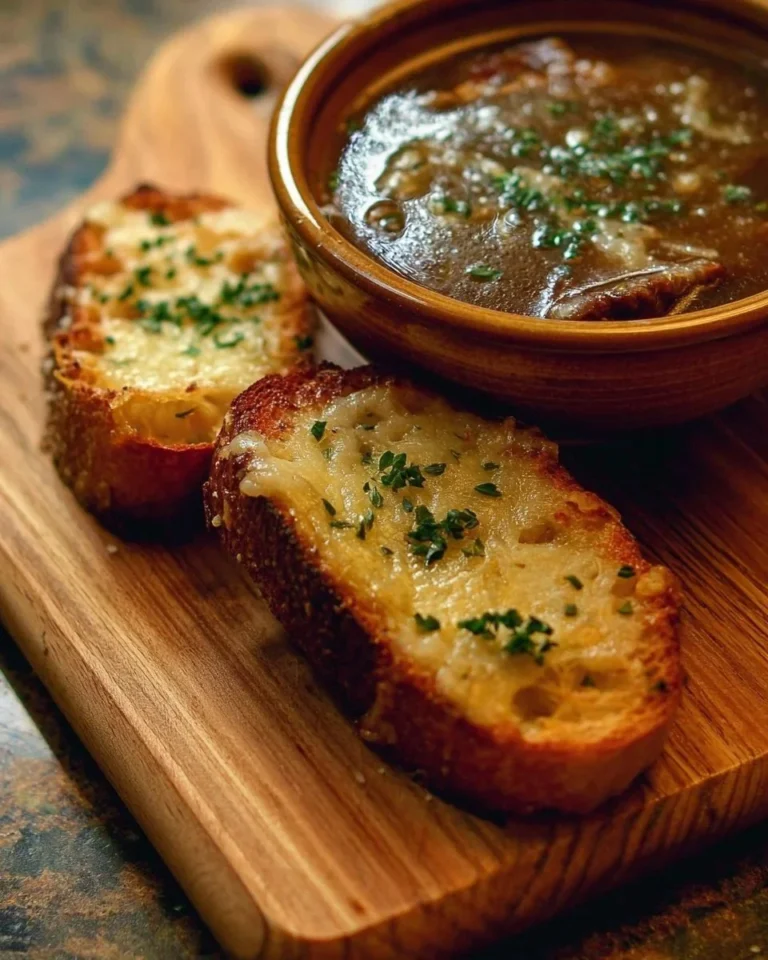 Bowl of French onion soup topped with Gruyère toast and short ribs