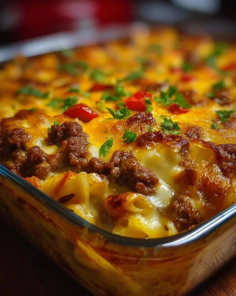 Delicious Hamburger Supreme Casserole served in a dish, garnished with herbs