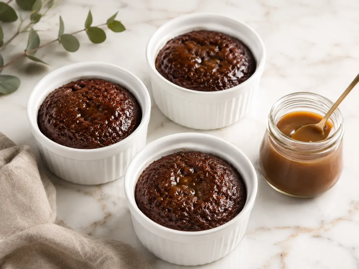 Individual sticky toffee pudding cakes in ramekins next to a jar of glass-stored toffee sauce.