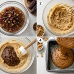 Four-panel process photo showing soaked chopped Medjool dates, batter mixing, date puree folding, and pouring into pan. Sticky Toffee Pudding