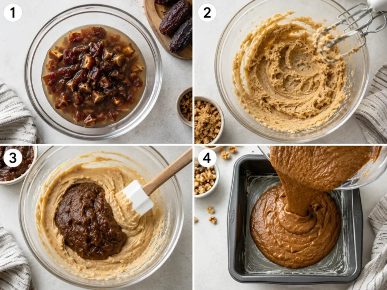 Four-panel process photo showing soaked chopped Medjool dates, batter mixing, date puree folding, and pouring into pan. Sticky Toffee Pudding