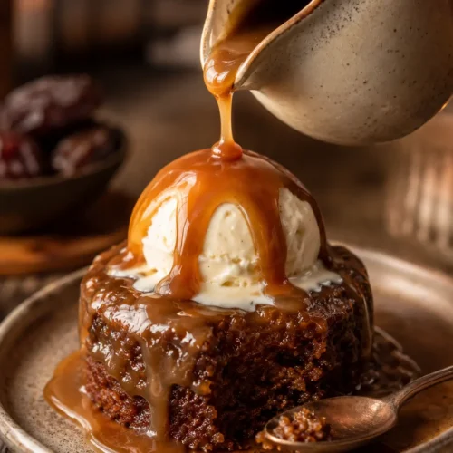 Warm golden toffee sauce being poured from a small pitcher over a warm date sponge cake topped with vanilla ice cream.