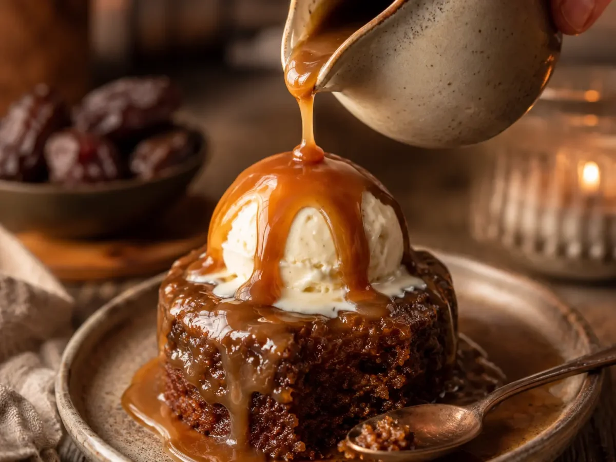 Warm golden toffee sauce being poured from a small pitcher over a warm date sponge cake topped with vanilla ice cream.
