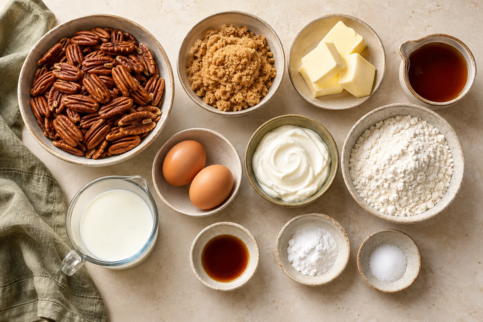 Ingredients for Pecan Upside Down Cake arranged in bowls on a cream counter